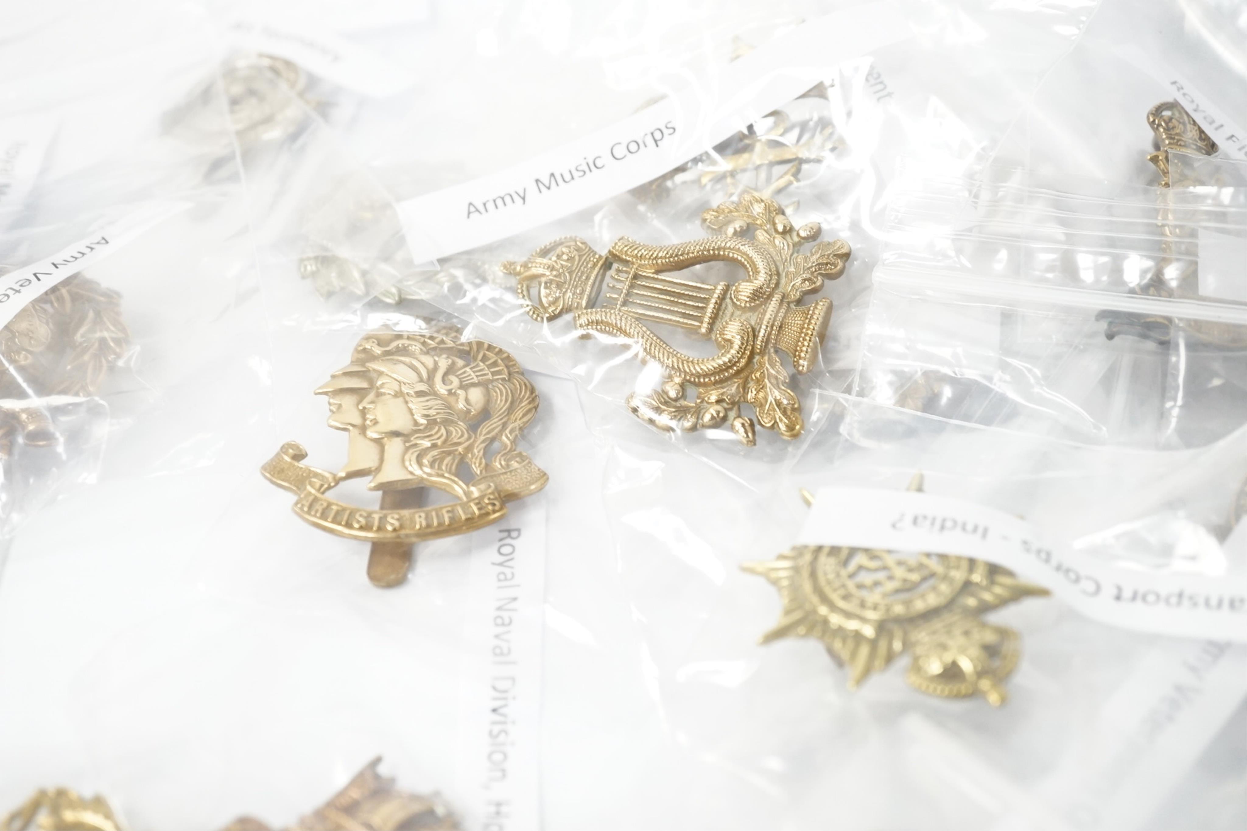 Fifty military cap badges, including; the Duke of Lancaster’s Own regiment, the Blues and Royals, Glider Pilot regiment, Sherwood Foresters regiment, Leicestershire regiment, Royal West Kent regiment, Inns of Court regim